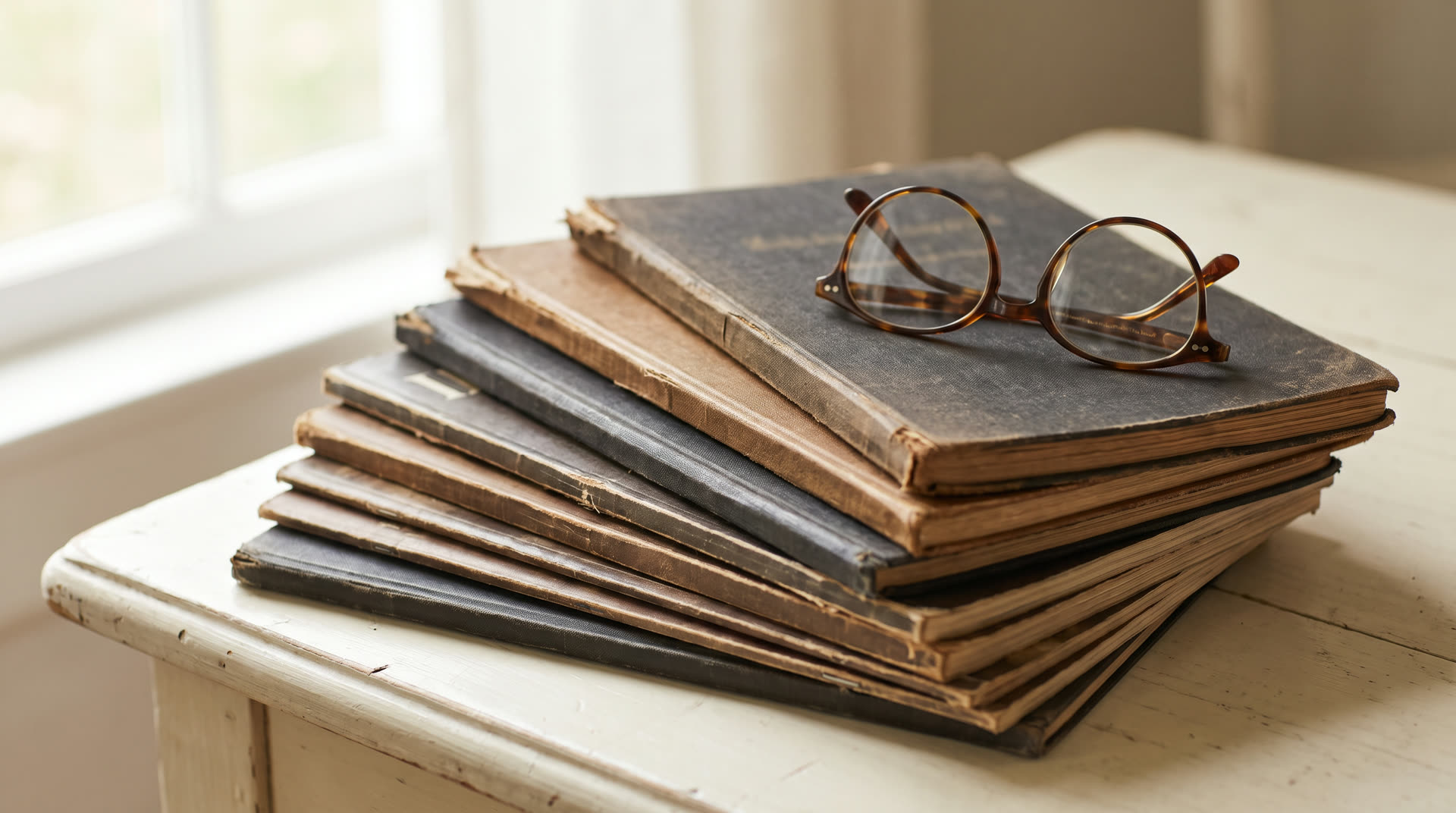 Literary journals and reading glasses arranged in warm light